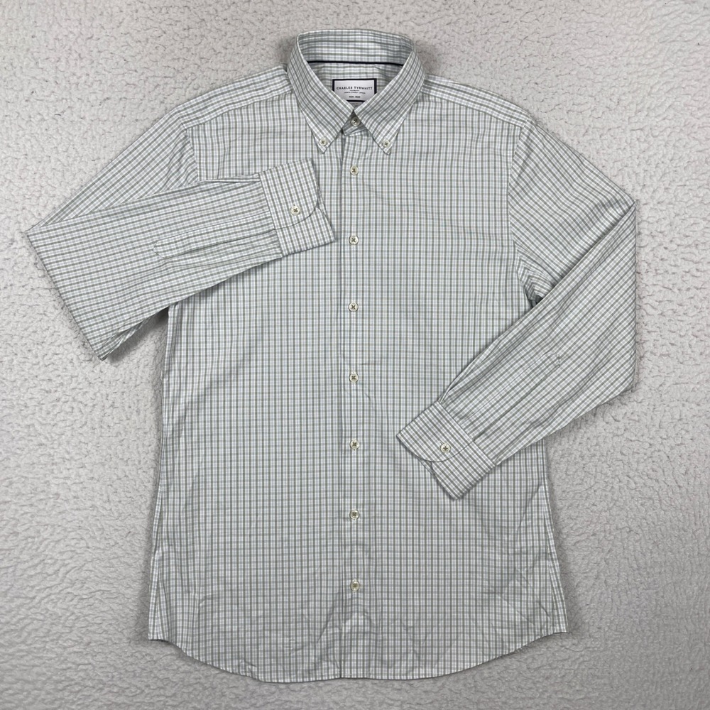Charles Tyrwhitt Button Down Shirt Mens 15.5 Green Slim Non Iron Business Casual